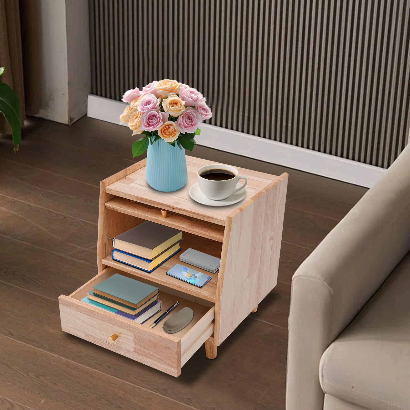 Office Furniture For Small Spaces - 2-Tier Bedside Cabinet Storage Rubberwood Glass